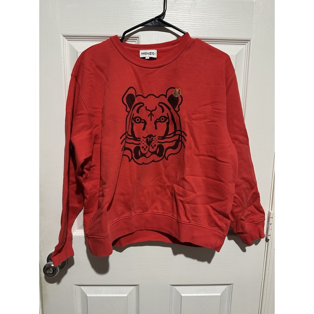 Kenzo Paris Tiger Head Red Cotton Fleece Crewneck Jumper Sweater Womens  Size XL
